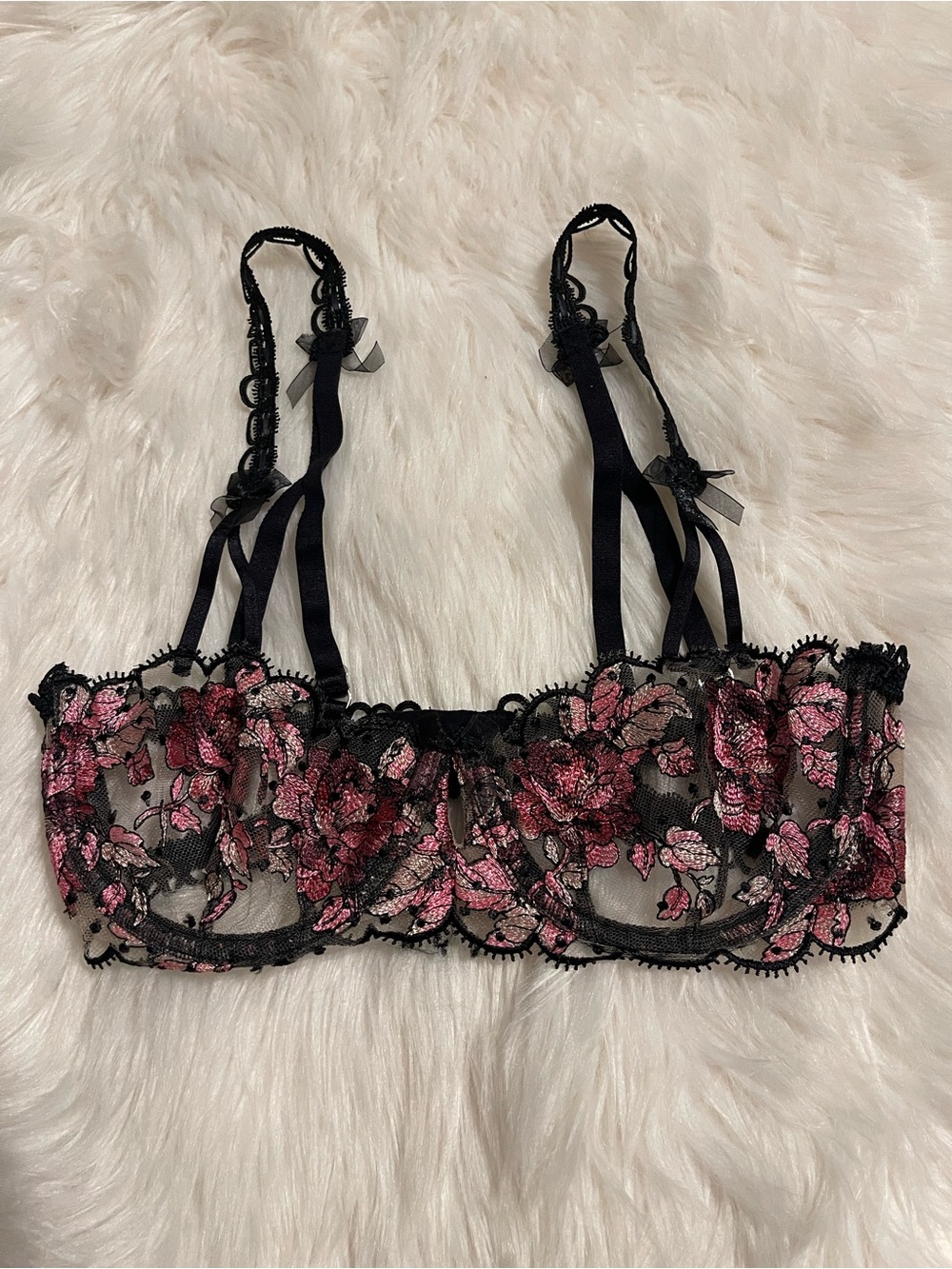 For Love And Lemons Black Sheer Bra with Pink Floral Embroidery